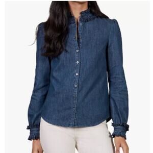Boden Eliza Broderie Blue Denim Long Sleeve Ruffle Trim Button Up Shirt Size 4
